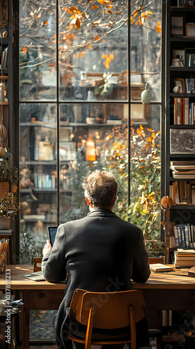 View from the rear of a mature man sitting at a table in a new residence, using a tablet.