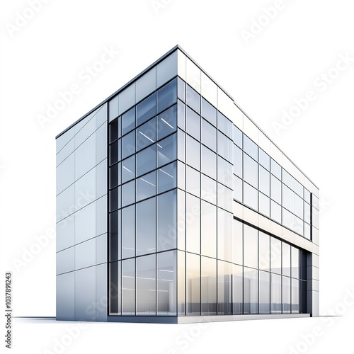 A modern industrial factory building with sleek glass facade, photorealistic style, metallic finish, isolated on white background 