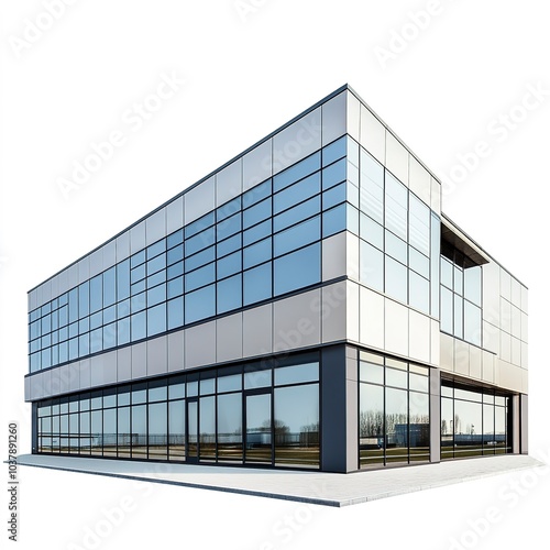 A modern industrial factory building with sleek glass facade, photorealistic style, metallic finish, isolated on white background 