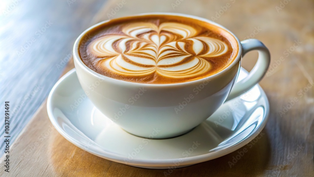 Flower latte art on latte coffee in the white cup with forced perspective Flower latte art on latte coffee in the white cup with forced perspective