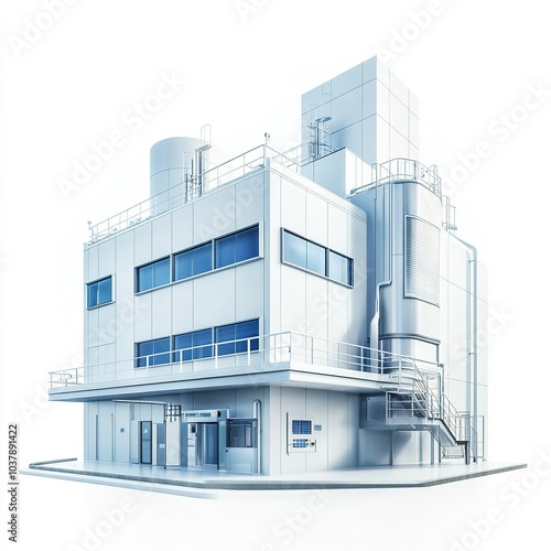 Wallpaper Mural A pharmaceutical factory building with clean, sterile design, healthcare industry, photorealistic style, white and blue tones, isolated on white background  Torontodigital.ca