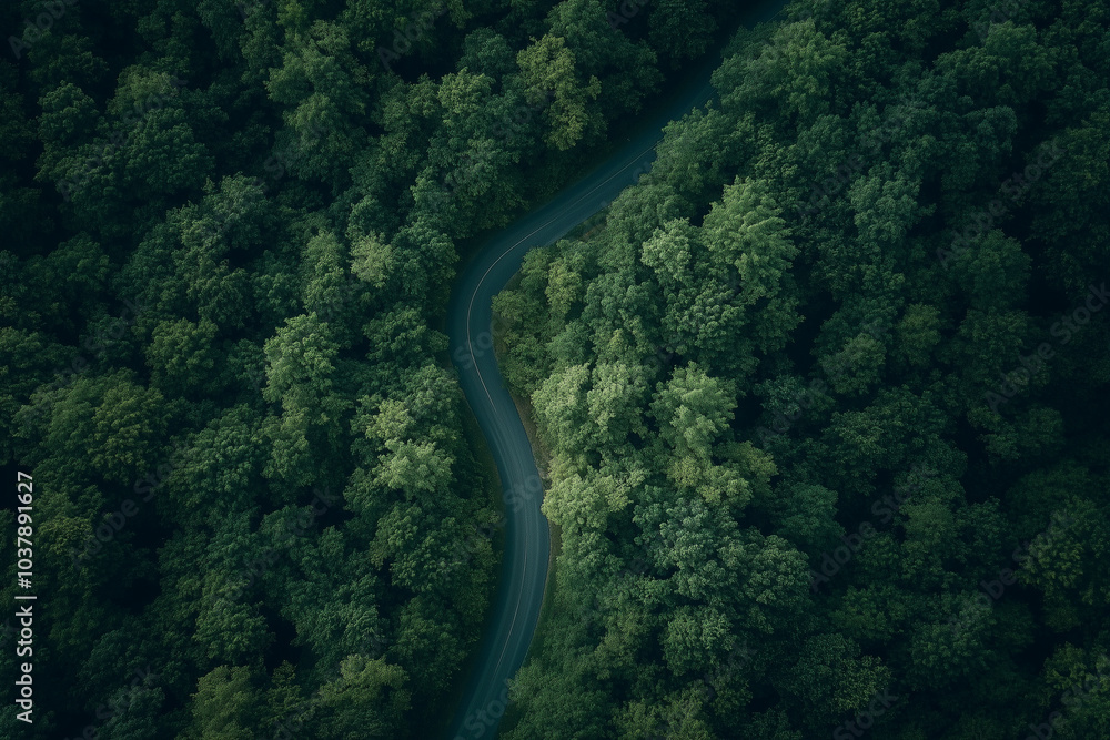 Aerial View of Winding Road Through Lush Green Forest Aerial View of Winding Road Through Lush Green Forest
