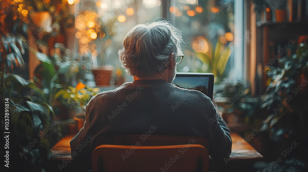 View from the rear of a mature man sitting at a table in a new residence, using a tablet. View from the rear of a mature man sitting at a table in a new residence, using a tablet.