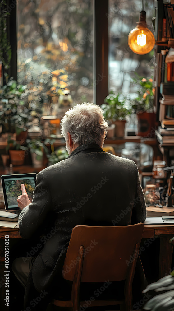 Naklejka premium View from the rear of a mature man sitting at a table in a new residence, using a tablet.