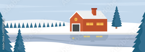 Home beside lake illustration. Home in the winter season. house in the winter season. House facade landscape.