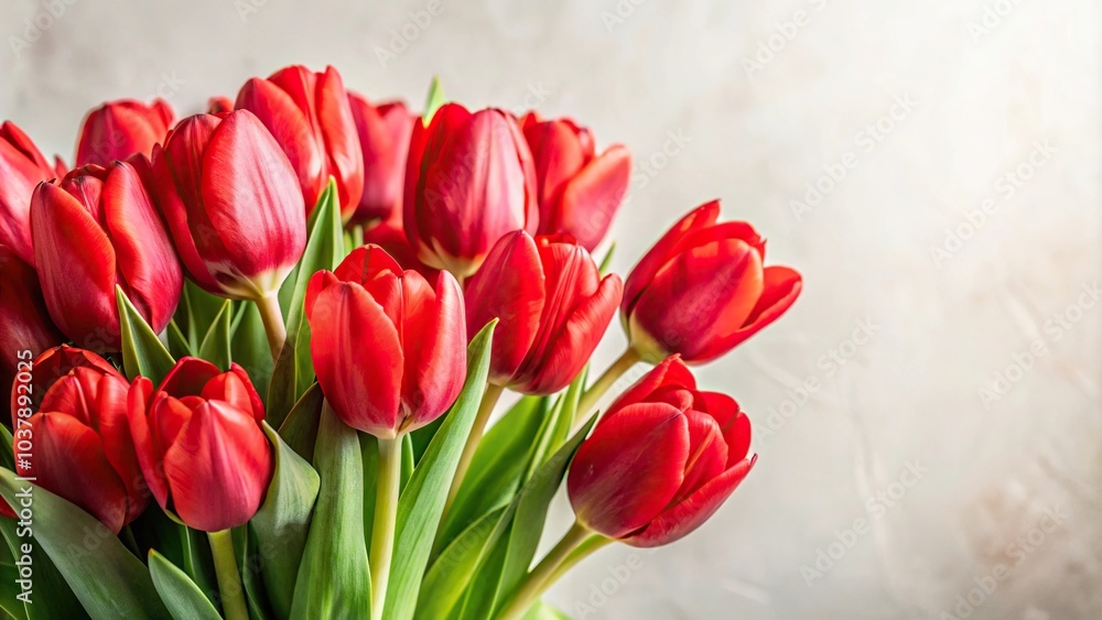 Close-Up red tulip bouquet on light background with empty space Close-Up red tulip bouquet on light background with empty space