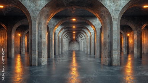 Majestic Concrete Arches in an Industrial Corridor with Warm Lighting. Generative AI