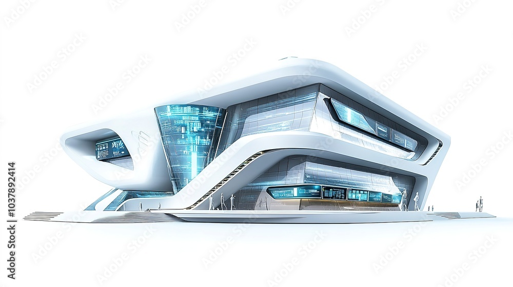 A futuristic science and technology school building with digital signage, sci-fi design, 3D illustration, sleek metallics, isolated on white background A futuristic science and technology school building with digital signage, sci-fi design, 3D illustration, sleek metallics, isolated on white background