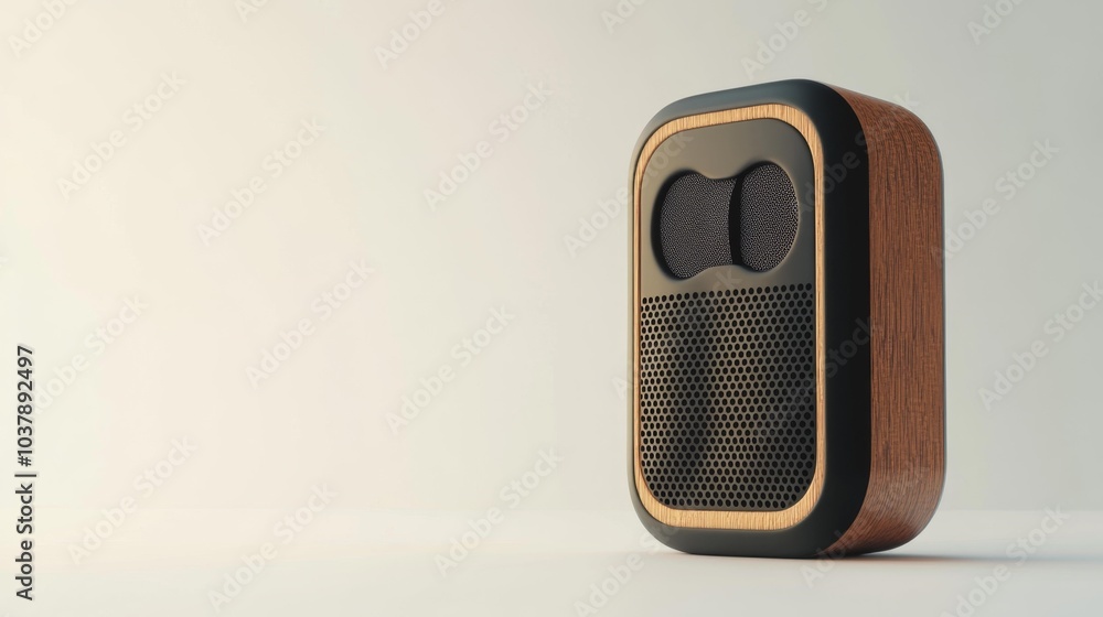 Fototapeta premium Modern Bluetooth speaker with wood and metal finish on a minimalistic background perfect for audio enthusiasts and tech lovers ideal for product showcases marketing and advertising. Generative AI
