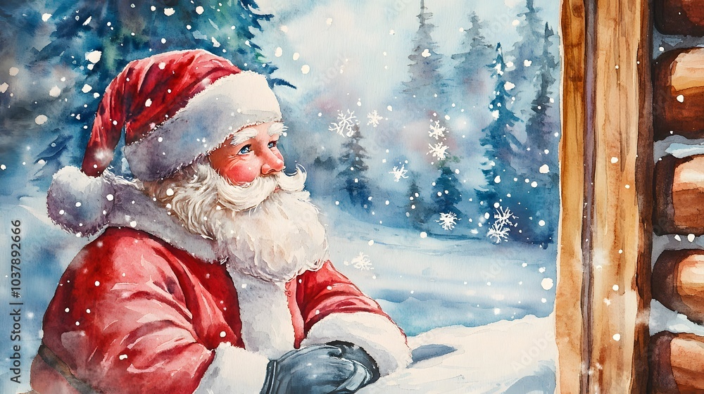 Santa Watching Snowflakes Fall from Cabin Window Santa Watching Snowflakes Fall from Cabin Window