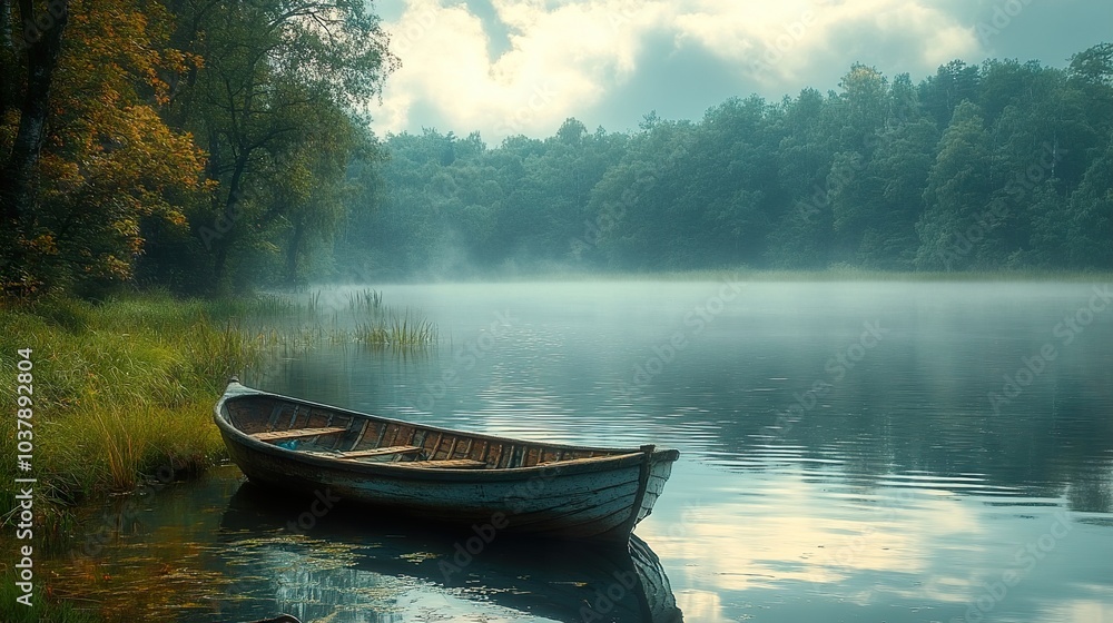 Serene Lake with Fog and a Boat - Tranquil Nature Photography Serene Lake with Fog and a Boat - Tranquil Nature Photography