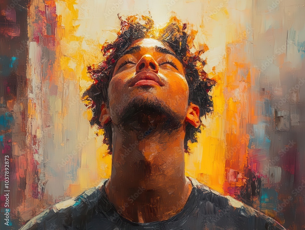 joy radiates from a young man gazing upward in a bustling city, sunlight cascading down. his expression reflects hope and contentment amidst the urban hustle, painted in warm tones joy radiates from a young man gazing upward in a bustling city, sunlight cascading down. his expression reflects hope and contentment amidst the urban hustle, painted in warm tones