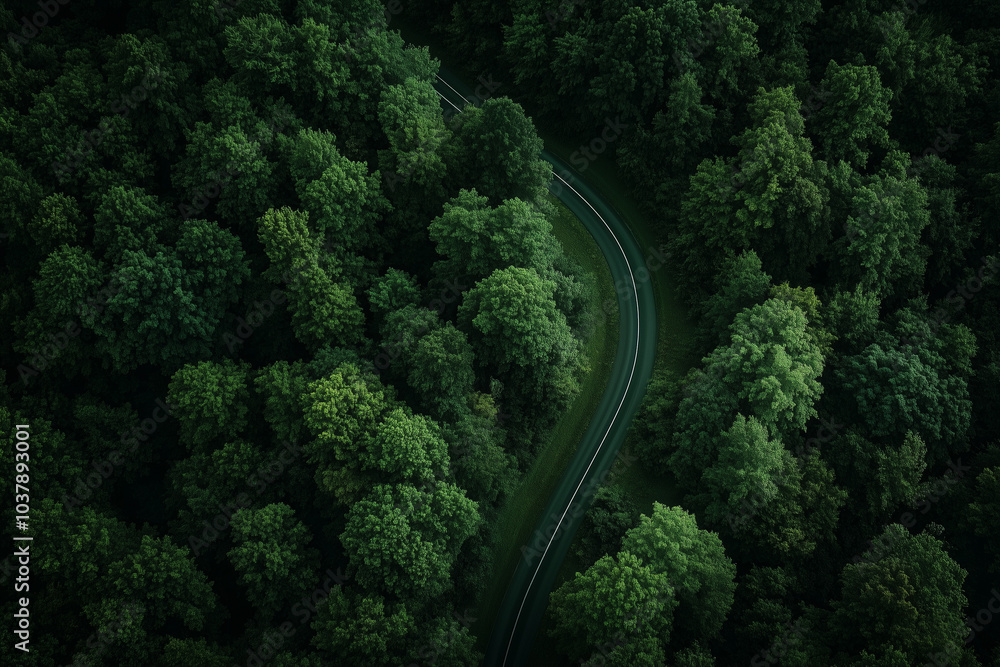 Aerial View of Winding Road Through Lush Green Forest Aerial View of Winding Road Through Lush Green Forest