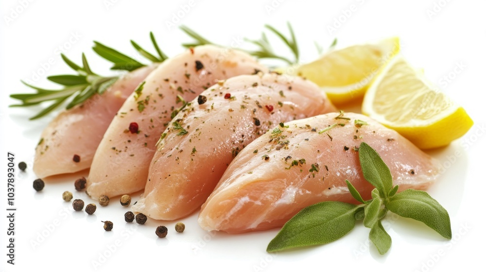 Raw chicken breast tenders with herbs spices and lemon slices ready for cooking on a white background. Generative AI Raw chicken breast tenders with herbs spices and lemon slices ready for cooking on a white background. Generative AI