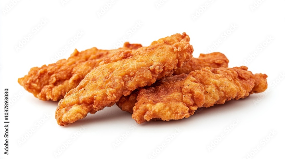 Crispy fried chicken tenders isolated on a white background perfect for menu design and food advertising. Generative AI Crispy fried chicken tenders isolated on a white background perfect for menu design and food advertising. Generative AI