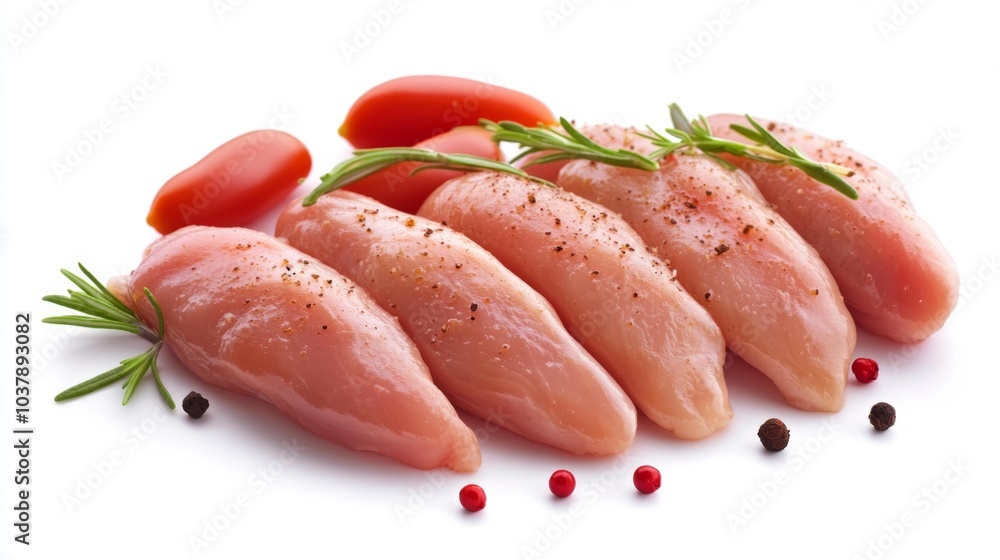 Fresh raw chicken tenders with herbs and spices on a white background ready for cooking with a healthy and delicious look.. Generative AI Fresh raw chicken tenders with herbs and spices on a white background ready for cooking with a healthy and delicious look.. Generative AI