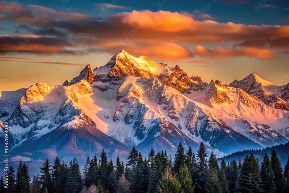 Close-up serene sunset over snow capped mountain range landscape Close-up serene sunset over snow capped mountain range landscape