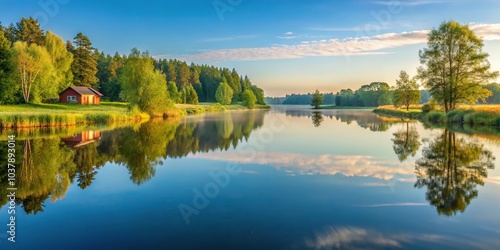 Close-Up Serene Morning Reflections on a Calm River in the Swedish Countryside