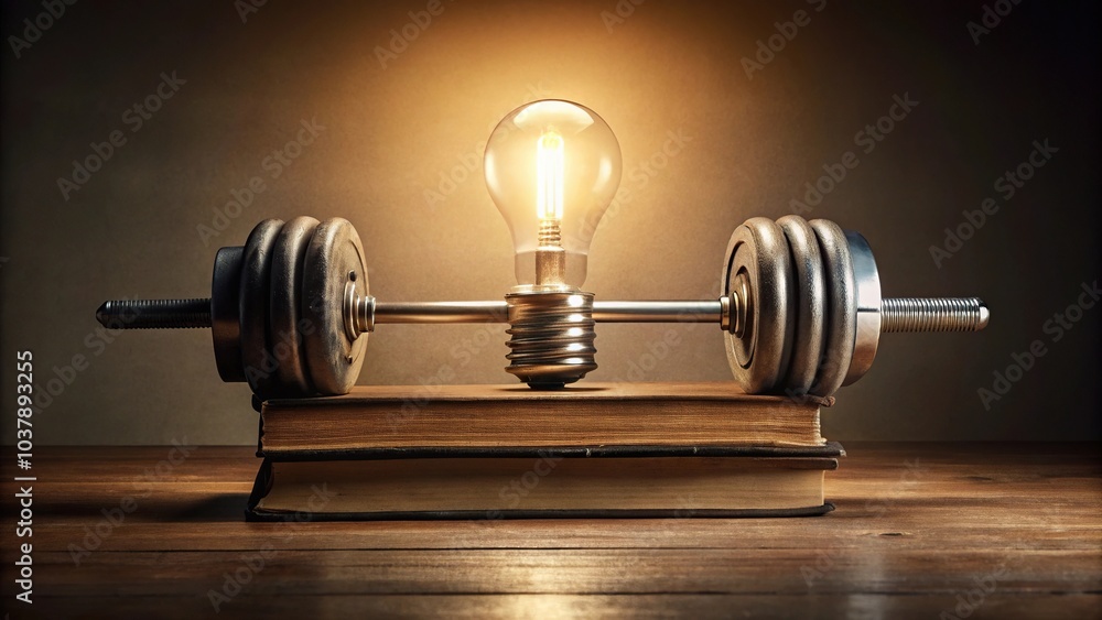 Closeup shot of a barbell on top of books with a light bulb above it aerial view Closeup shot of a barbell on top of books with a light bulb above it aerial view