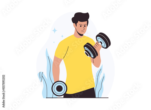 Man Bicep Curl dumbbells with focused expression, wearing a yellow shirt, emphasizing strength.