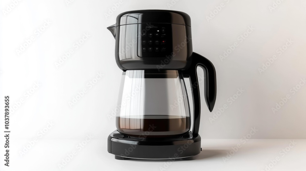 Sleek black coffee maker with glass carafe on a white background for home brewing. Generative AI