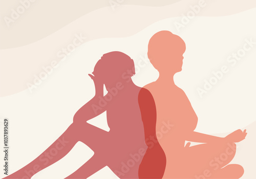 Metaphor of bipolar disorder. Split or dual personality. Mood disorder. Silhouettes of woman in depression and happy woman in lotus yoga pose. Psychology, mental health. Positive and negative mindset