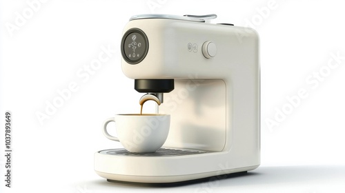 Modern espresso coffee maker with a sleek design brewing a fresh cup of coffee on a white background. Generative AI