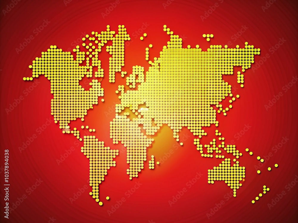 Fototapeta premium Dotted halftone world map with France accentuated on a striking red gradient background, reflecting contemporary and