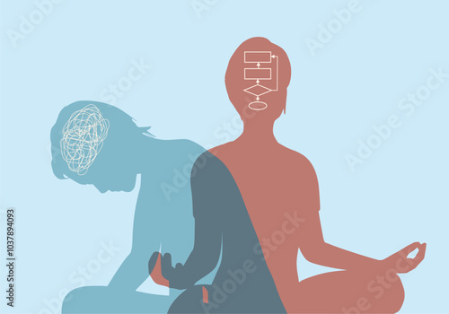 Metaphor of bipolar disorder. Split or dual personality. Mood disorder. Silhouettes of woman in depression and happy woman in lotus yoga pose. Psychology, mental health. Positive and negative mindset