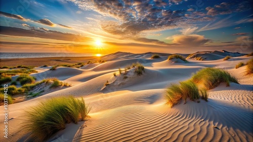 Fototapeta Naklejka Na Ścianę i Meble -  Close-up shot of a serene sunset over sand dunes