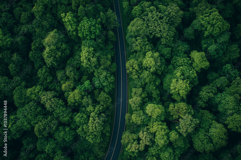 Naklejka premium Aerial View of Winding Road Through Lush Green Forest