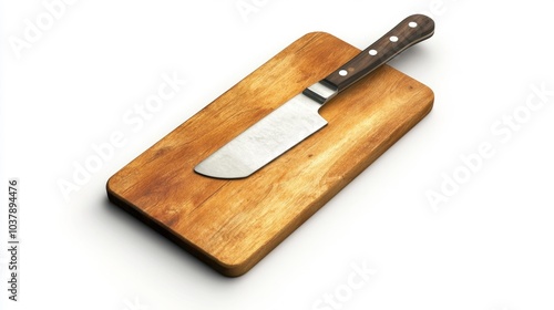 Cutting board with sharp knife on wooden surface isolated on white background. Generative AI