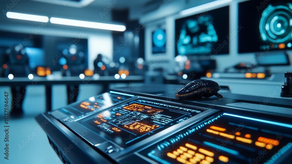 Naklejka premium Alien artifacts in research lab, holographic scanners, futuristic setting