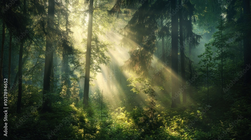 Dramatic light and shadow in sunlit forest with sunbeams piercing foliage. Dynamic interplay of illumination. Nature Dramatic light and shadow in sunlit forest with sunbeams piercing foliage. Dynamic interplay of illumination. Nature