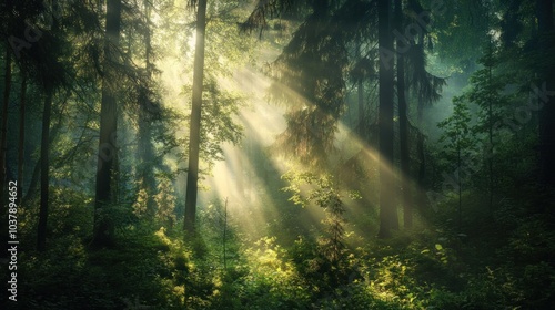 Dramatic light and shadow in sunlit forest with sunbeams piercing foliage. Dynamic interplay of illumination. Nature