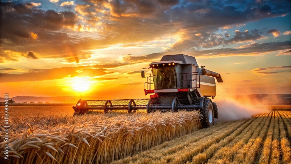 Fototapeta premium Close-up shot of combine harvester harvesting wheat at sunset