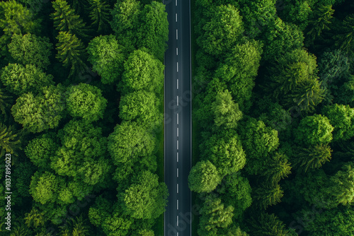 Aerial View of Winding Road Through Lush Green Forest