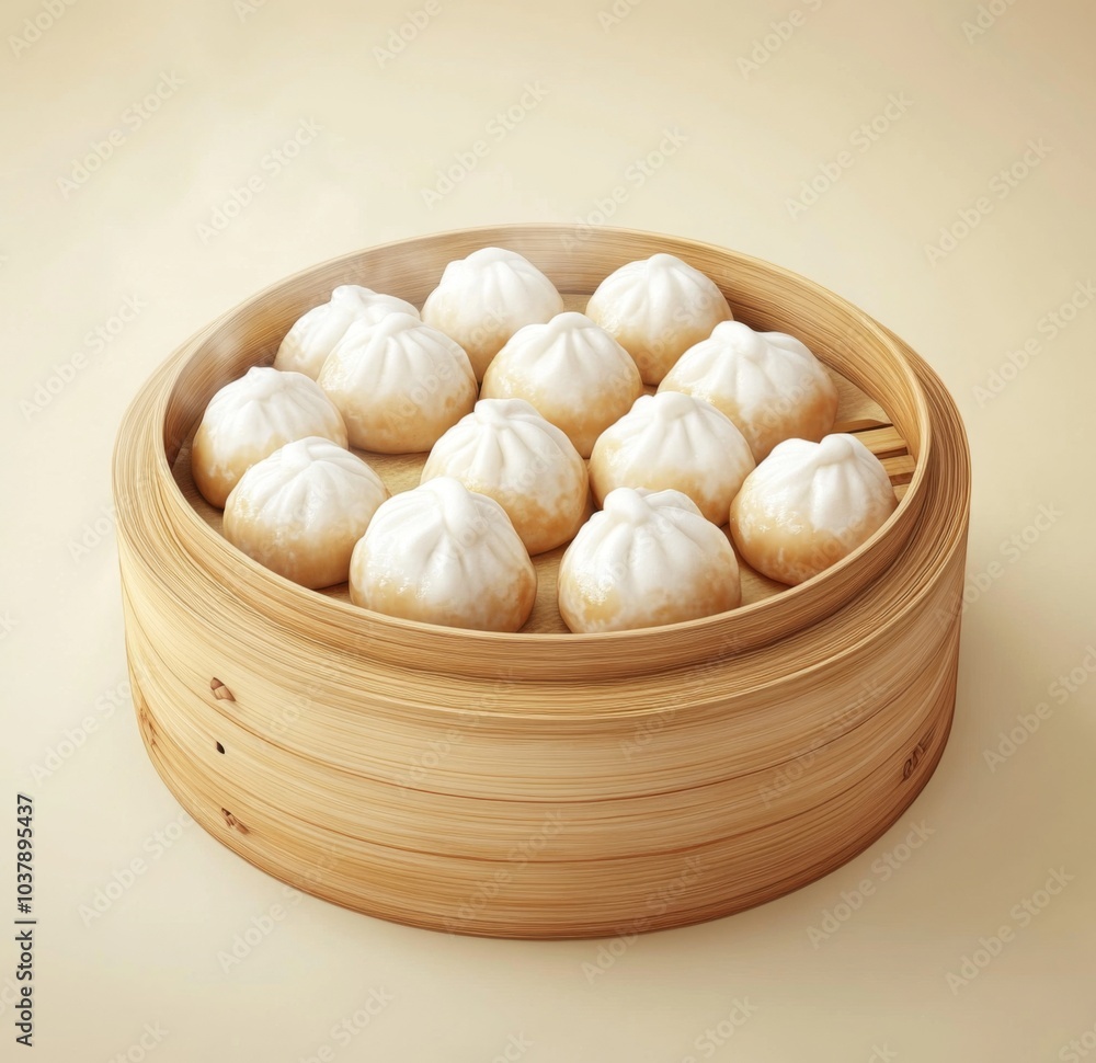 A round bamboo steamer filled with small white buns, the filling is golden brown and full of delicious aroma A round bamboo steamer filled with small white buns, the filling is golden brown and full of delicious aroma