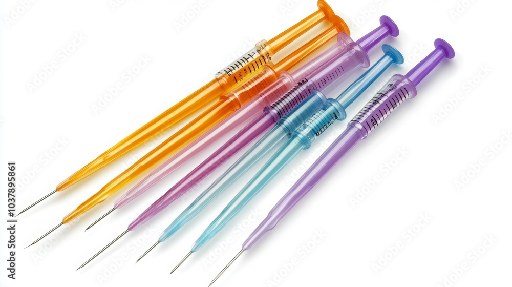 Colorful disposable needles with translucent barrels on a white background medical supplies for injection. Generative AI Colorful disposable needles with translucent barrels on a white background medical supplies for injection. Generative AI