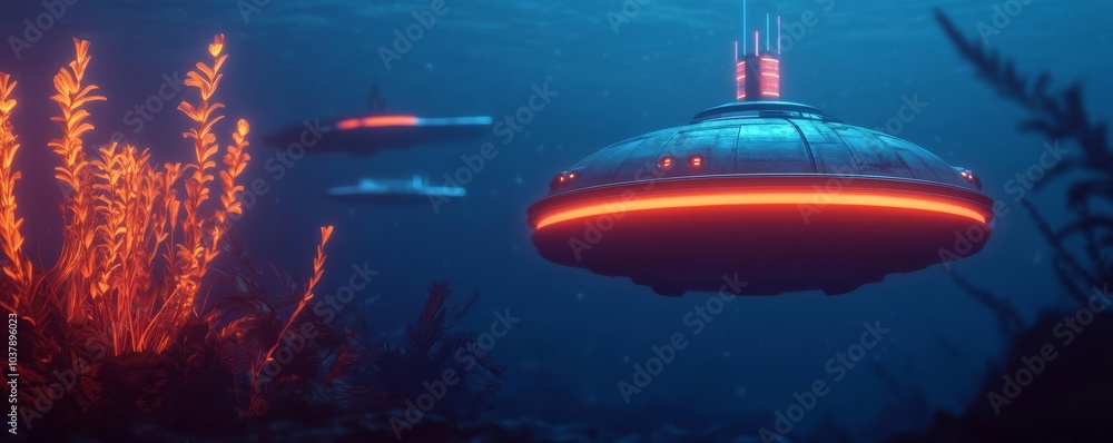 Alien ocean base, futuristic submarines, glowing bioluminescent plants Alien ocean base, futuristic submarines, glowing bioluminescent plants