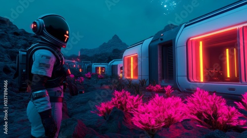 Colonist outpost, high-tech living quarters, neon flora, rugged landscape photo