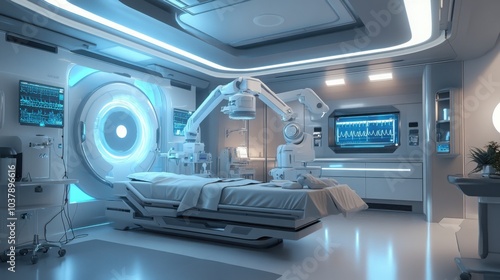 A futuristic hospital room with advanced medical technologies, including robotic arms performing surgery, holographic patient data displays, and a serene, clean environment