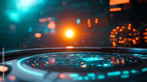 Colonization mission control, holographic interface, space communication, bright glow