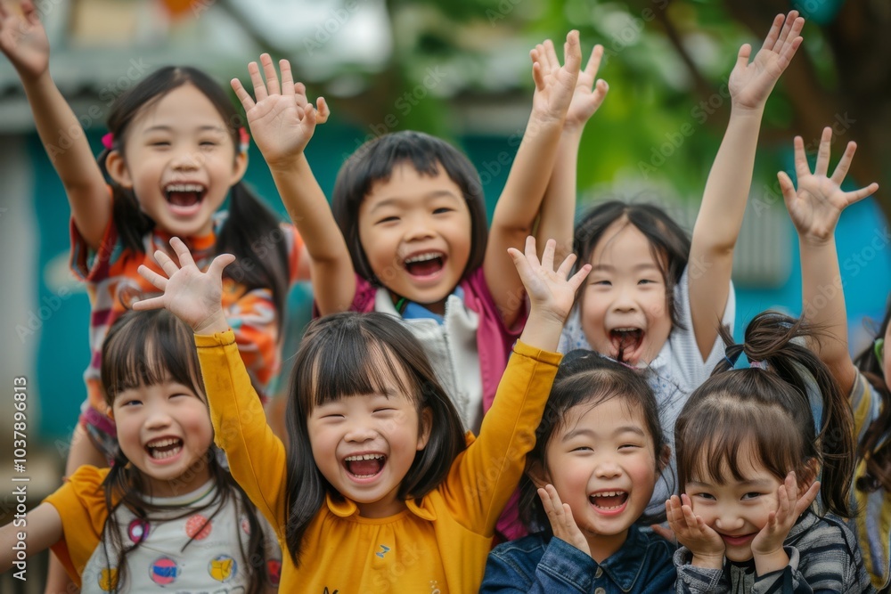 Group of asian happy children with hands up in the park. Group of asian happy children with hands up in the park.