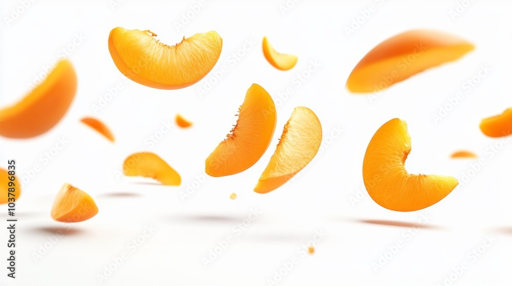 Falling apricot slices in mid-air with a clean white backdrop. Generative AI Falling apricot slices in mid-air with a clean white backdrop. Generative AI
