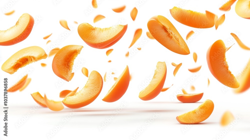 Falling Apricot Slices on a White Background – Fresh and Juicy Apricot Fruit in Motion. Generative AI Falling Apricot Slices on a White Background – Fresh and Juicy Apricot Fruit in Motion. Generative AI