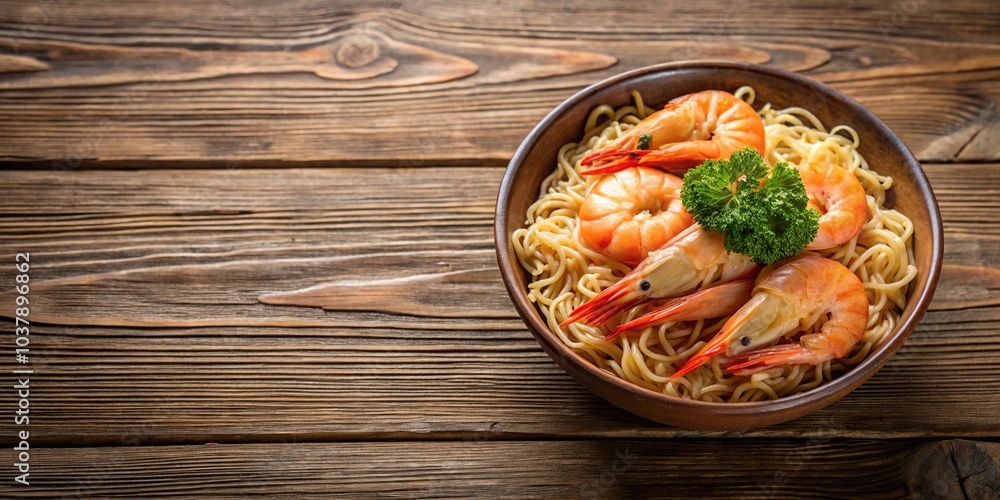 Forced perspective view of instant noodle with shrimp on wooden background Forced perspective view of instant noodle with shrimp on wooden background