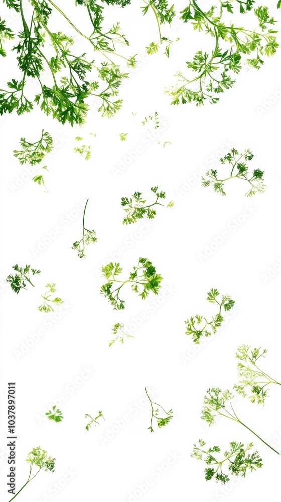 Falling fresh chervil leaves scattered on a white background. Delicate green herbs perfect for natural and organic culinary themes.. Generative AI Falling fresh chervil leaves scattered on a white background. Delicate green herbs perfect for natural and organic culinary themes.. Generative AI