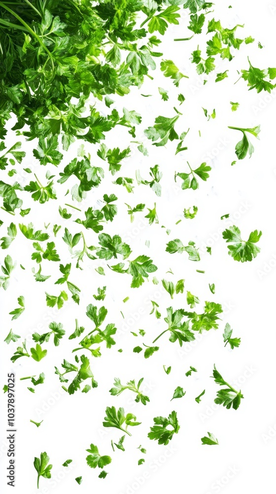 Falling parsley leaves isolated on white background fresh green herbs in motion. Generative AI Falling parsley leaves isolated on white background fresh green herbs in motion. Generative AI