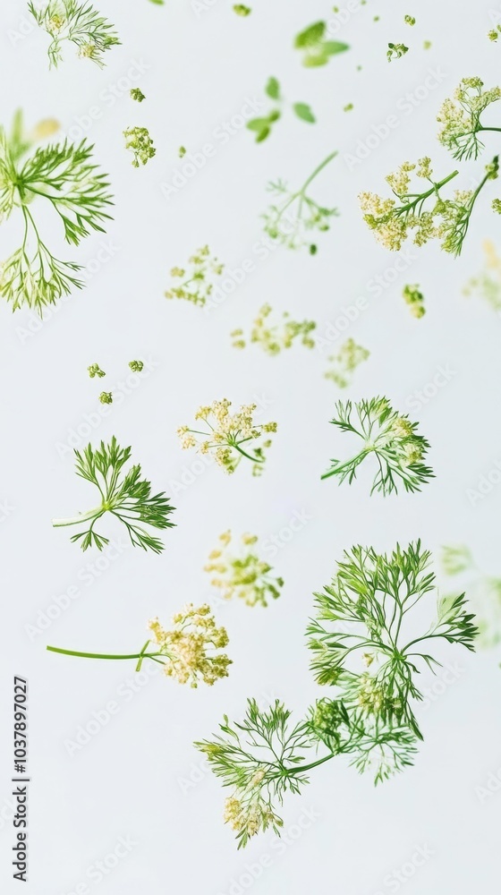 Fresh chervil leaves and flowers falling on a white background creating a botanical and culinary composition. Generative AI Fresh chervil leaves and flowers falling on a white background creating a botanical and culinary composition. Generative AI